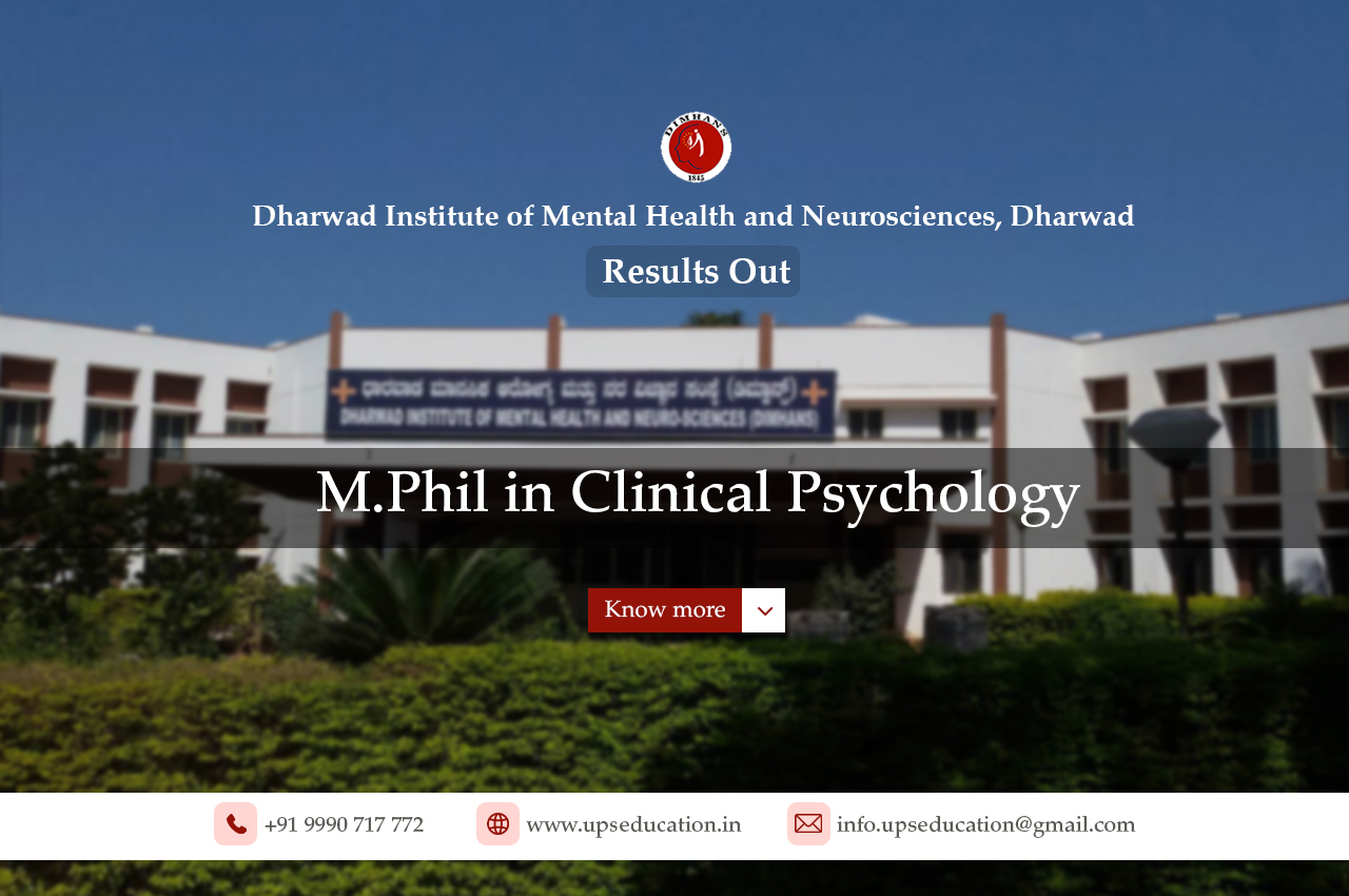 DIMHANS, Dharwad Entrance Result for M. Phil in Clinical Psychology—UPS Education